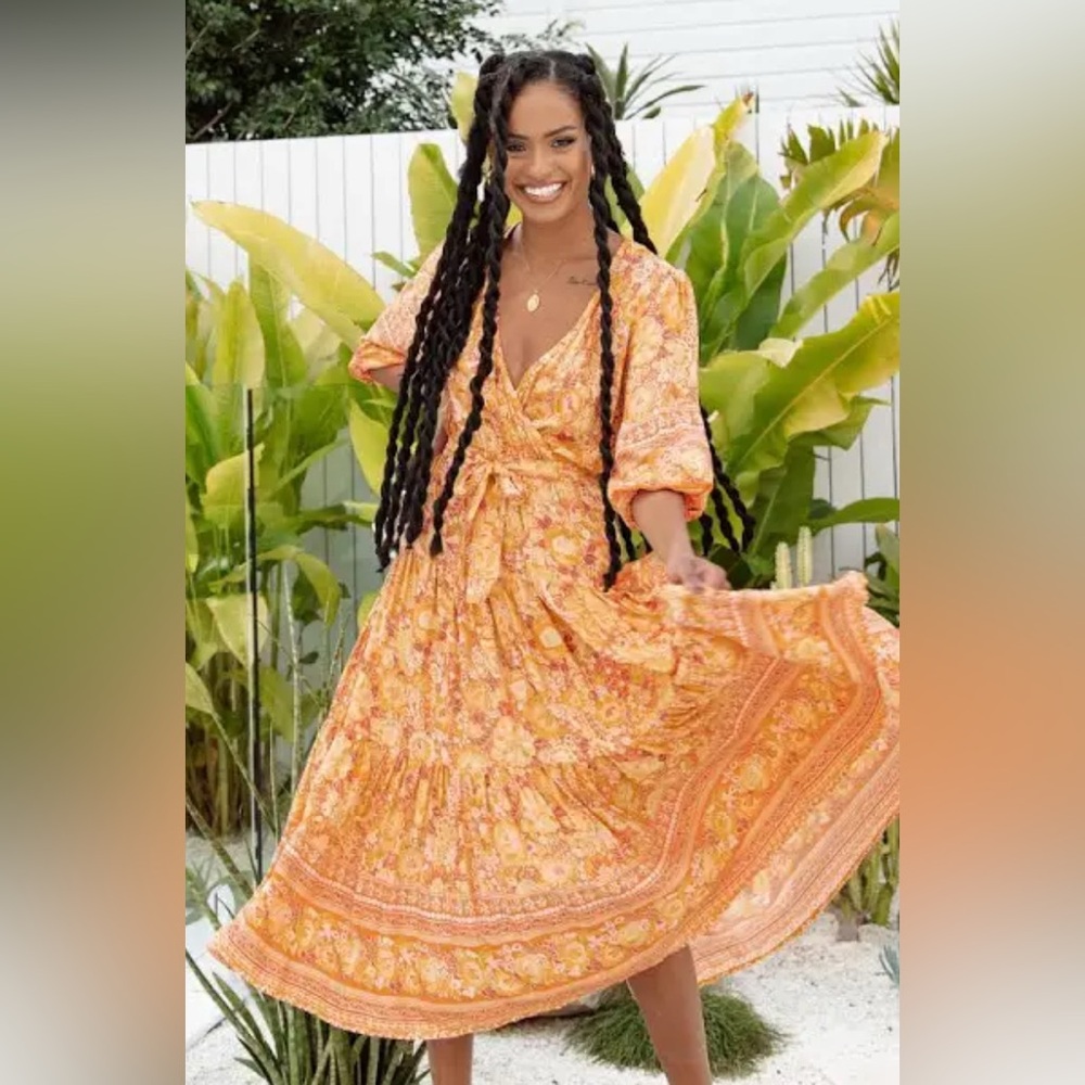 Petal & Pup 3/4 Sleeve Kelda Floral Faux Wrap Tiered Midi A-line Dress ZB2